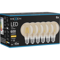 Mexen Vintis 6x LED filamentinė lemputė E27, G80, 6W, Šilta - 2700K, 400 lm, gintarinė - L155-E27-0627-50x06