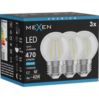 Mexen Vintis 3x LED filamento lemputė E27, G45, 4W, Šalta - 6500K, 470 lm, skaidri - L156-E27-0465-00x03