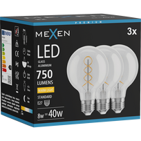 Mexen Vintis 3x Lemputė gijų spiralės LED E27, G80, 8W, Šilta - 2700K, 750 lm, skaidri - L165-E27-0827-00x03