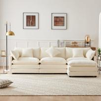 Moderni L formos sofa, Chenille, LED, USB, saugykla, beige
