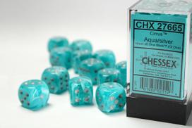 Chessex 16mm d6 with pips Dice Blocks (12 Dice) - Cirrus Aqua w/silver