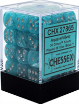 Chessex Signature 12mm d6 with pips Dice Blocks (36 Dice) - Cirrus Aqua w/silver