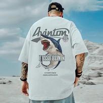 M-8XL Men Tshirt Oversized Fashion Cartoon Shark Attack Print Shirt Men Short Sleeve Tee  Summer Casual Loose Round Neck Tops S white