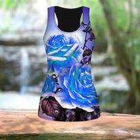 3D Pink Rose Print Moterų treniruotės Yoga Gym Vasariniai sportiniai marškinėliai Didelio dydžio liemenės XS mėlyna