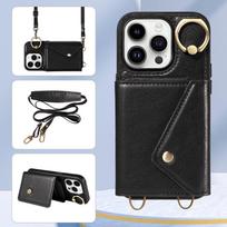 For iPhone 16 Series.for iPhone 16,16 Plus,16 Pro,16 Pro Max Shoulder Strap Rope Ring Bracket Design Card Holder Slots Lichee Pattern Cover Phone Case iPhone 16 Plus juoda