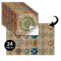 24pcs Vintage Self Adhesive Ceramic Tile Stickers Peel and Stick Backsplash Waterproof Wallpaper Wall Stickers Decorative Tiles for Kitchen Bathroom 24pcs 10*10cm
