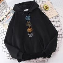 2025 Avatar The Last Airbender Hoodie Water Air Fire Earth Four Elements Print Black Anime Oversized Sweatshirts Harajuku Unisex S