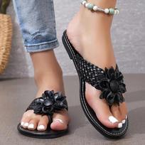 Female Shoes Ladies' Slippers Low Rubber Flip Flops Big Size Flower  Summer Hawaiian Flat Slides Fabric Hoof Heels 36 juoda