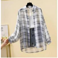 Women's Summer Long-sleeved Thin Plaid Sunscreen Shirt Korean Style Temperament Commuter Tops XS juoda