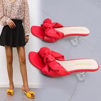 Lovely Slippers Female Slides Casual Transparent Strange High Heels Shoes Women Butterfly Knot Summer Slippers Plus Size 36 raudona