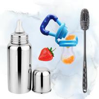Kūdikio maitinimo rinkinys – Plieninis maitinimo buteliukas, Valymo šepetėlis ir Vaisių tiektuvas (Pakuotėje 3 vnt) Pack of 3