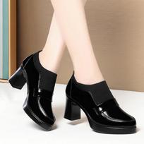 Women's One Pedal Loafer High Heel Soft Leather Shoes  New Thick Bottom British Style Elastic Mouth Chunky Heel Shoes 35