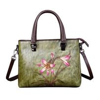 Gėlių raštas Natūrali oda Moteriškos rankinės Vintažinis prabangus dizainas Moteriškos peties rankinės Karvės oda Crossbody krepšys GZW 29*11*22cm žalia