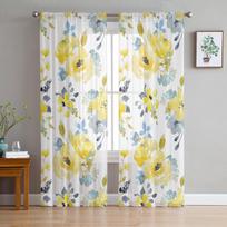 Akvarelė Geltona Abstrakti Gėlė Permatomas Voile Langas Užuolaidos Tiulis Užuolaidos Svetainės Balkono Apdailos Užuolaidos 135W x 114H(cm) white