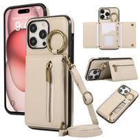 Crossbody Ring kortelės laikiklis užtrauktuku Piniginės telefono dėklas, skirtas iPhone 15 Pro Max 14 Plus 13 12 11 XS XR 7 8 SE 2020 2022 Odinis dangtelis iPhone 7(8) smėlis