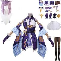 Game   Keqing Cosplay Costumes  Ke Qing  Halloween Keqing Ponytails Mixed Purple Cosplay L-(Full set+wig)