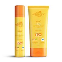 Aqualogica Glow+ Drėkinantis kremas nuo saulės visiems odos tipams su papaja ir vitaminu C su SPF 50 ir PA++++ - 50G + 80G, 1 pakuotė