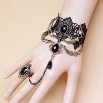 Madinga juoda nėrinių apyrankė Pirštų žiedas Rankinė grandinė Elegantiška moteriška apyrankė Metalinė krištolo žavesys Steampunk Moteris Senovinė papuošalai Dovana 20cm juoda