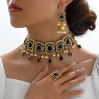 Moterims Senovinis Nuotakos Karoliai Auskarai Žiedas Vestuvės Šventės Banketo Papuošalų Rinkinys juoda