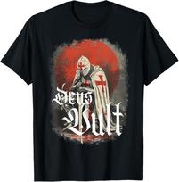 Vintage Templar Crusade Knight Deus Vult T-Shirt L