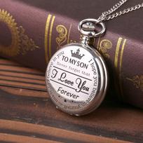 Graviruotas 'Aš tave myliu' kišeninis laikrodis sūnui - didelis dydis, gamintojas TOMYSON, modelis 8809 Roman White Face with Fine Chain