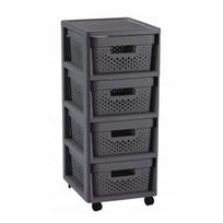 Komoda ant ratukų su 4 perforuotomis dėžėmis, 11 l, Infinity, 30x36x69 cm, tamsiai pilka