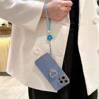 Luxury Wrist Strap Love Heart Stand Plating Camera Lens Protect Bumper Phone Case For iPhone 17 Air 16 15 14 Plus 13 12 11 Pro Max SE Girls Cute Cover iPhone 15 mėlyna