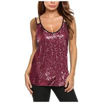 IHUASU Women's Fashion Sequin Splicing Straight Tube Slim Strap T-shirt Women XXL auksas