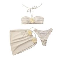 3 vnt./kompl. Moteriškas vasarinis bikini komplektas 3D rožių gėlių dekoras Halter Bandeau klostuota liemenėlė Aukštu M balta