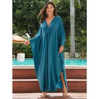 Women's Boho Style Cover Up, Plus Size V Neck Woven Design Loose Fit Vacay Beach Kaftan Dress One-size povo mėlyna spalva