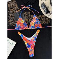 Seksualus gėlėtas maudymosi kostiumas moterims, su kaklu, braziliškas bikini rinkinys, maudymosi kostiumas, maudymosi kostiumas L gray