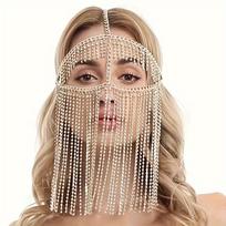 1 Pc Creative Exaggerated Tassel Design Face Chain Copper Jewelry Synthetic Gems Inlaid Personality Female Party Ornaments brown