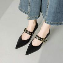 Krazing Pot Sheepskin Pointed Toe Stiletto Med Heels Autumn Summer Shoes Metal Rivets Women Mary Janes Fashion Pumps 34 juoda