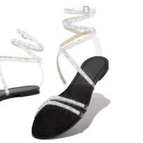 Summer 2024 Europe and the United States Trade Rhinestones Flat Sandals Women's Cross-border Winding Belt Big Size Women's Shoes 40 juoda