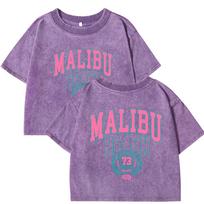 Malibu Beach Printing Womens Washed Slim T Shirt Fashion Cotton T-Shirt Crop Short Sleeve Crewneck Y2K Woman Clothes M