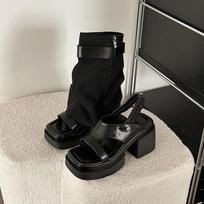 Comemore Two Wear Thigh-high Sndals Boots Summer Thick Bottom Trouser Tube Boots Chunky High Heeled Sandal for Women 35