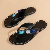Fashion 2025 New Gemstone Decor Flat Flip Flops Women Summer Plus Size Clip Toe Beach Sandals Woman Pu Leather Non Slip Slippers 36-43 36 juoda