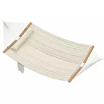 Lauko hamakas 200x140 cm, dvigubo sluoksnio hamakas su galvos atrama, žurnalų kišene ir medinėmis sijomis, išlaikantis iki 200 kg