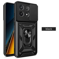 Smūgiams atsparus dėklas POCO X7 Pro / X6 Pro 5G, Šarvuotas slankiojančiu kameros objektyvo apsauginiu dangteliu, skirtas Xiaomi POCO X6 5G, su žiedu ir stoveliu for POCO X6 Pro 5G juoda