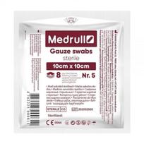 MEDRULL sterilios marlinės servetėlės PREMIUM, 8 sluoksnių, 10 cm x 10 cm, 5 vnt.