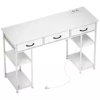 Darbastalis virtuvės stalas su 2 USB įkrovimo jungtimis, 2 elektros lizdais, reguliuojamomis lentynomis, 3 audinio stalčiais, 120x40x76 cm, baltas