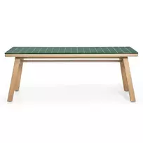 Sodo stalas „Wabi“ (200 cm) su akmens stalviršiu, šviesios spalvos akacijos mediena / žalia, stačiakampis