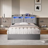 Minkšta lova su LED, USB-C, galvūgalio laikymo vieta ir hidrauliniu pakėlimu 140x200 cm, linas, šviesiai pilka