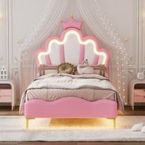 Minkšta lova 90x200 cm princesės dizainas su LED apšvietimu rožinė 1 vnt