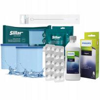 2 vnt. „Sillar“ filtrų rinkinys, riebalų šalinimo tabletės, „Philips“ 250 ml kalkių šalinimo priemonė, valymo lazdelė.
