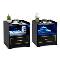 2 naktiniai staliukai su LED apšvietimu, USB ir Type-C įkrovimu, judesio jutikliu, juodi