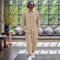 2024 Euro-American Fashion Men's Cotton Linen Shirt & Pants Autumn Sports Casual Set L chaki