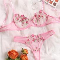 Women's Sexy Lingerie Underwire Gathering Bra Set Summer New Mesh Perspective Flower Lace Embroidery Erotic Underwear KTB S rožinė