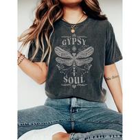 Moteriški medvilniniai trumparankoviai marškinėliai Gypsy Soul Dragonfly Moteriškas marškinėlis Boho Grafinis Tamsiai pilkas viršus S