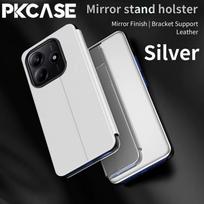PKCASE išmanusis veidrodinis atverčiamas dėklas telefonui Xiaomi 15T 14T 13T 13 Lite 14 Pro, atsparus smūgiams, su odiniu stoveliu, galinis dangtelis Xiaomi 13 Lite sidabras